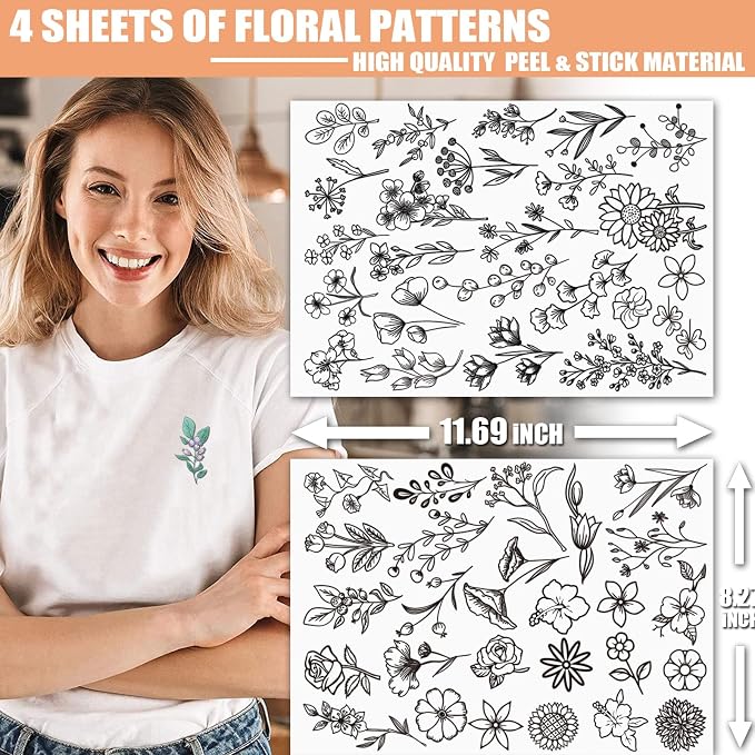 Patemby 100Pcs Embroidery Pattern Water Soluble Embroidery Stabilizers, Stick and Stitch Embroidery Paper Wash Away with Pre-Printed Pattern Design Stencils Transfer for Hand Sewing Lover Beginner