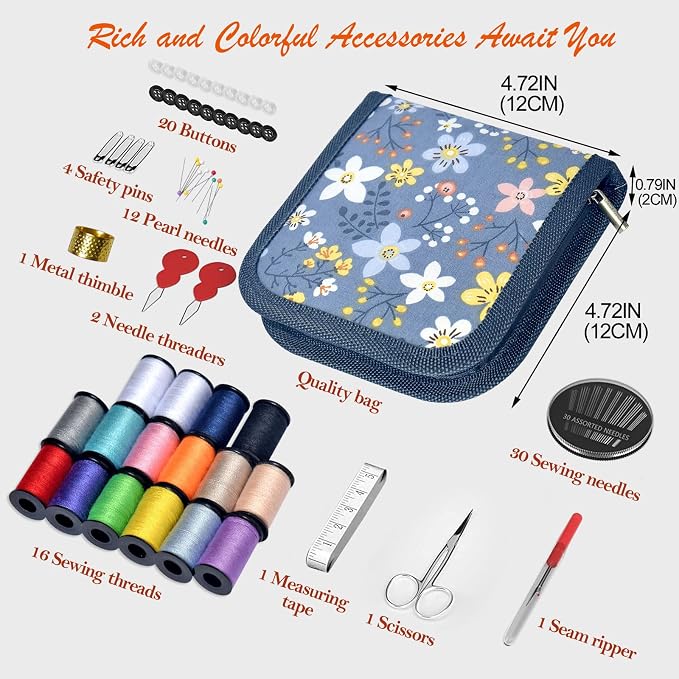 Sewing Kit Gifts for Grandma, Mom, Friend, Traveler, Adults, Beginner, Emergency,Sewing Supplies Accessories with Scissors,Sewing Needles Thimble, Thread etc(Wildflower Light Gray, S)