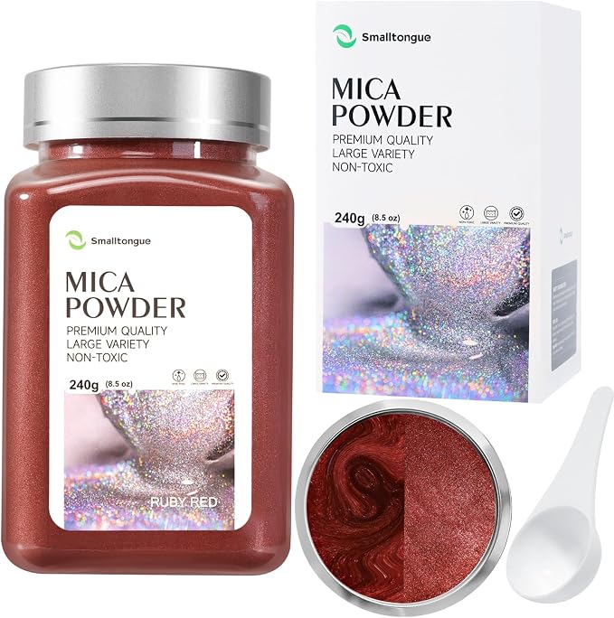 Mica Powder, Ruby Red, 240g with Scoop, Complies with ASTM D-4236 | For Epoxy Resin, Soap, Bath Bomb, Candle| Safety Material| Odorless| Brilliant Colors