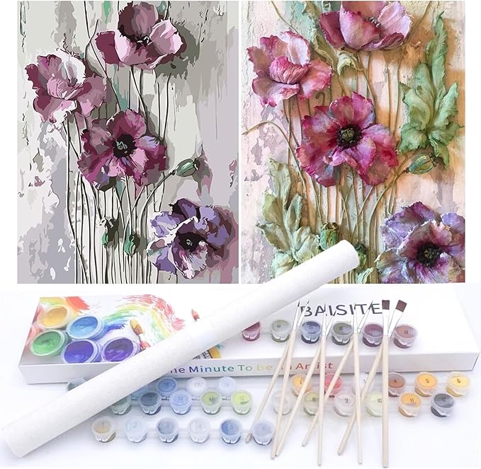 BAISITE Paint by Numbers Kit for Adults Beginners,12" Wx16 L 2 Pack Canvas for Painting Kits for Adults in Colorful Box-Poppies 6566