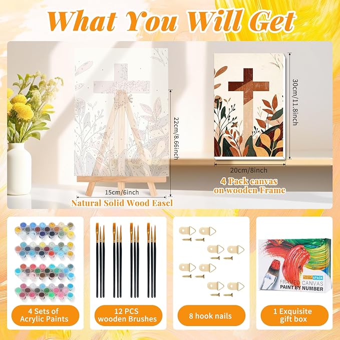 4 Pack Framed Paint by Numbers Kit for Adults, Christian, 8 x 12 Inch | DIY Acrylic Painting by Numbers for Beginners, with Wooden Easel, Christian Home Wall Decor, Stress Relief Craft Gift