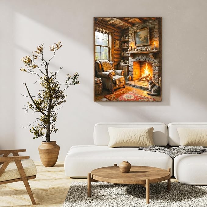 Paint by Numbers Kit for Adults, Cozy Fireplace & Rustic Cabin, 16x20 Inch