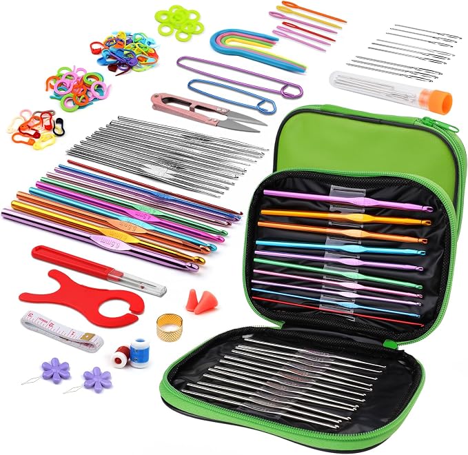 IMZAY 110 Pcs Crochet Hooks Set 0.6–6.5mm Crochet Needles for Yarn | Ergonomic Crochet Hook Set for Arthritic Hands Crochet Needles for Crocheting with Case Knitting Needles for Crocheters Green