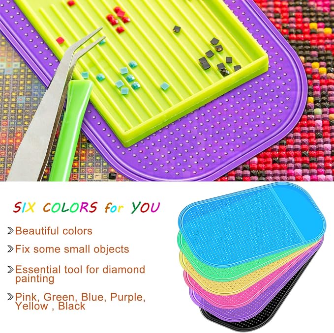 Blulu 6 Pcs Diamond Art Painting Accessories and Tool, Colorful Color Style | Reusable Gel Holder for Art Supplies, Anti-slip Tools Keep Diamonds Secure, Sticky Mat Tray 5.6x3.3 in for Adults Crafts