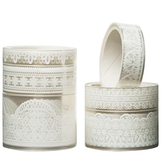 6 Rolls Lace Patterns PET Tapes Floral Arts Decorative Tape Set Adhesive Transparent Masking Tapes for DIY Craft, Kids, Scrapbook, DIY, Gift Wrapping, Journal (Pure White)