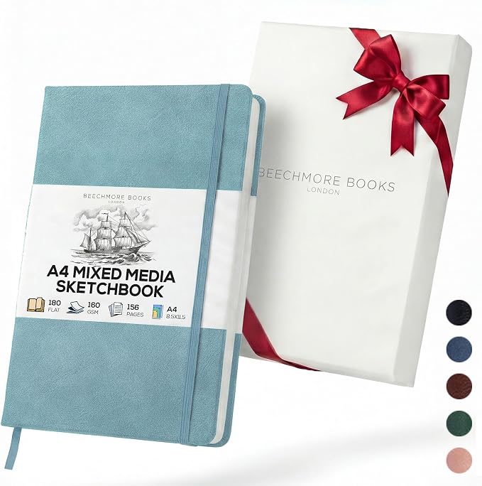 Beechmore Books A4 8.5x11 Mixed Media Sketchbook 160 GSM/98LB with Gift Box | Hardcover Art Journal with Lay-Flat Binding, 156 Perforated Ivory Pages for Drawing, Ink & Light Watercolor