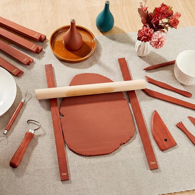 Sasylvia 10 Pcs Clay Pottery Rolling Pin Guides,5 Size,Reddish Brown | Wooden, Teaching Rolling Mud Stick Guide, Polymer Clay Depth Thickness Guide, Pottery Mudboard Tool
