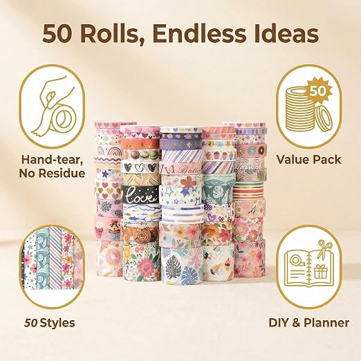50 Rolls Washi Tape Set, Assorted Sizes, for Junk Journal Scrapbook, Bullet Journaling Scrapbooking Supplies, Planner Sticker DIY Craft Decor (Whimsical Doodles)