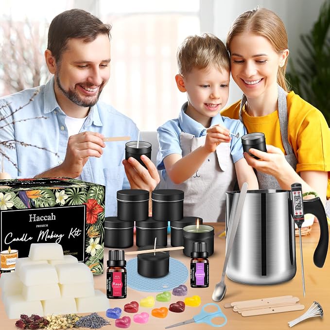 Complete Candle Making Kit, Candle Making Supplies, DIY Arts&Crafts Kits Gift For Adults,Beginners,Including Bees Wax,Wicks,Rich Scents,Wick Clips,550ml Melting WaxPouring Pot,Thermometer,Spoon Etc.