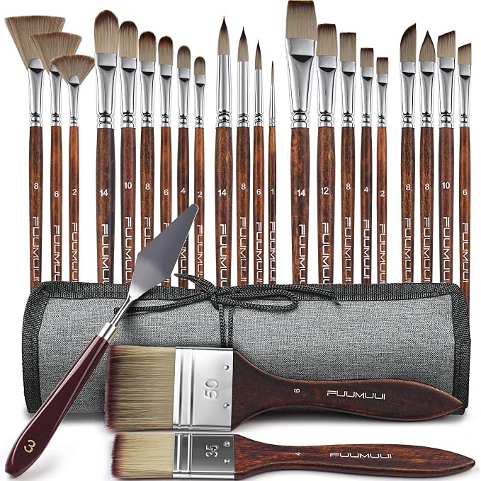 Fuumuui 25pcs Paint Brush Set, Professional 9 Shapes with Wide Flat, Filbert, Fan, Dagger, Cat Tongue, Round, Angle, Rigger for Acrylic Oil Watercolor | Includes Palette Knife & Waterproof Canvas Roll
