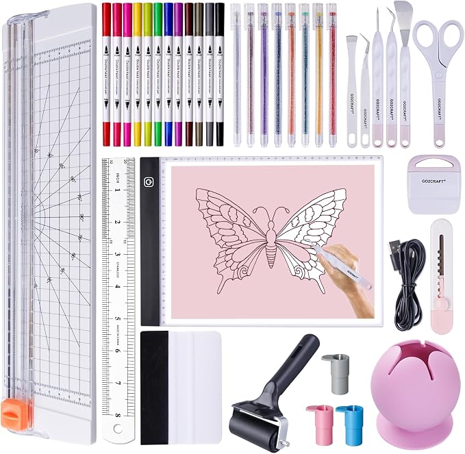 GO2CRAFT 37Pcs Essential Tool Set, for Vinyl Crafting, Starter Kit | Ultimate Tool with 7Pcs Weeding Tools, LED Light Pad, 12'' Paper Cutter, Vinyl Scrap Collector, Crafting Starter Kit