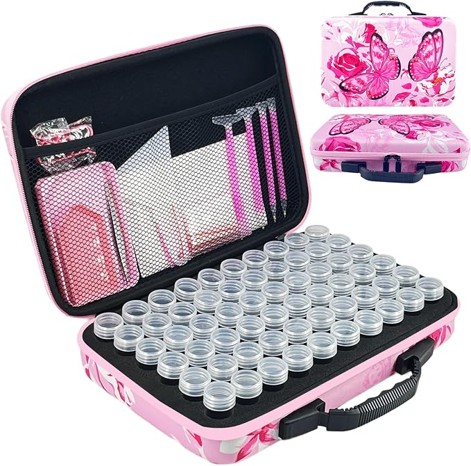 60 Slot Diamond Painting Storage Containers | Pink 60-slot storage box with tools & accessories for diamond art