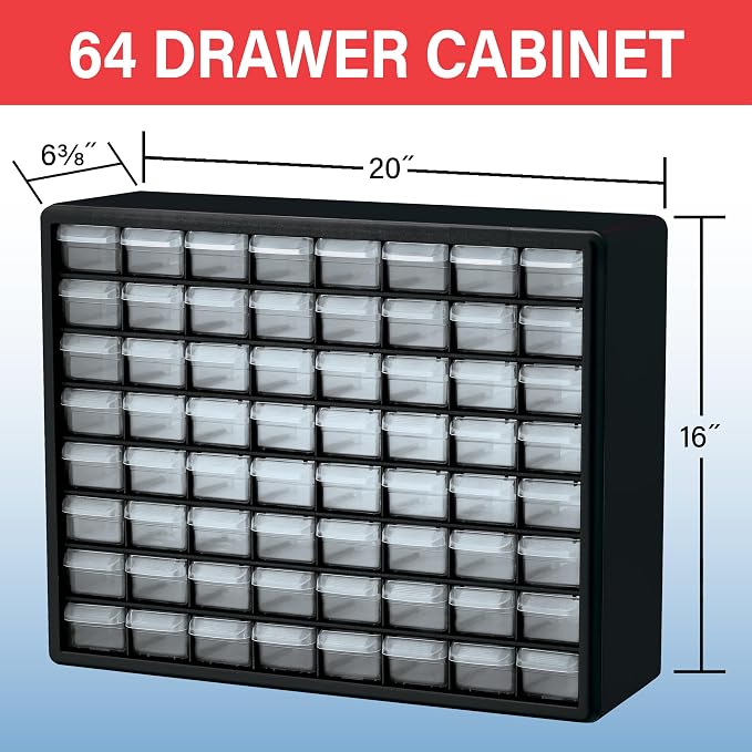 Akro-Mils 64-Drawer Plastic Storage Cabinet, 20" W x 6" D x 16" H, Red | Plastic Cabinet w/ Drawers for Garage Organization, Beads, Building Bricks Storage, Teacher Toolbox, Makeup Organizer, 10164