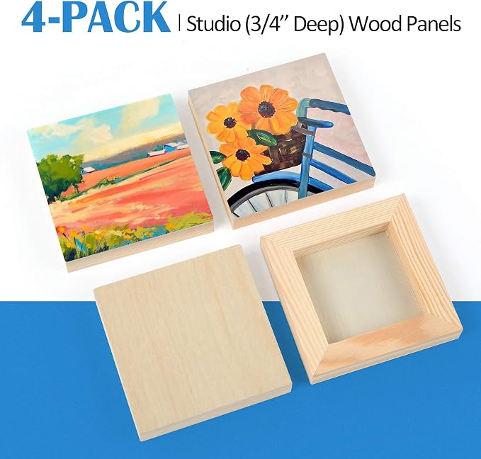 Falling in Art 4 Pack 4x4’’ Unfinished Birch Wood Panels Kit for Painting | Studio 3/4’’ Deep Wooden Canvas, Cradle Boards for Acrylic Pouring, Art, Crafts, Epoxy Resin, Laser Engraving Cutting