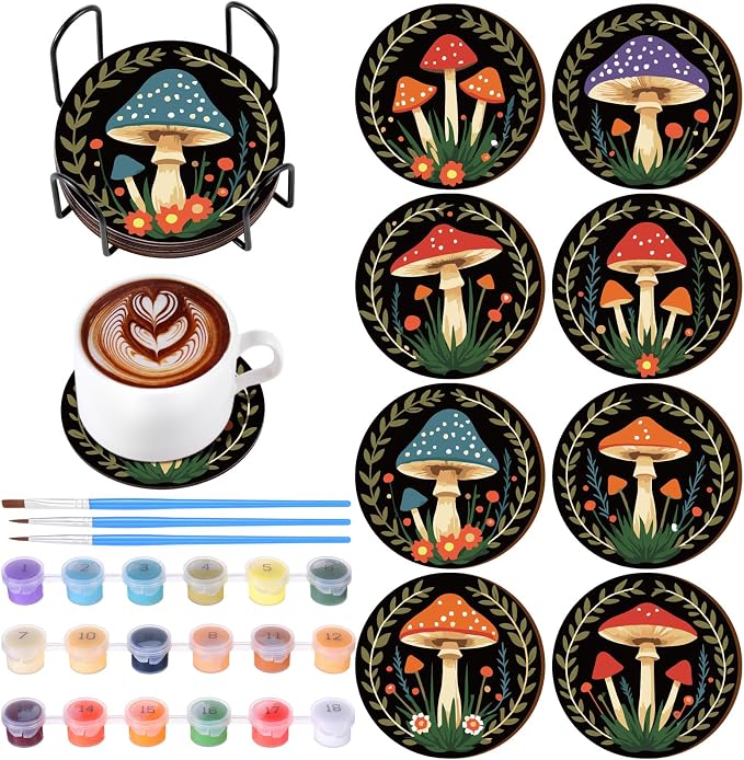 Reallnaive 8 Pcs Mushroom Paint by Numbers Kit for Adults Wooden Coasters | Mini Paint by Numbers, Tiny Black Round Oil Painting Drink Coaster with Holder, for Small DIY Craft Birthday Gift