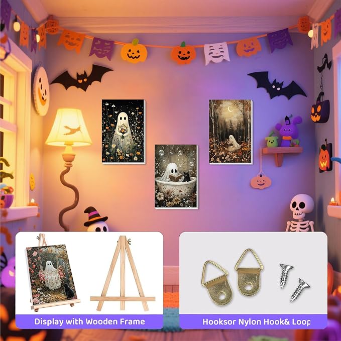 4 Pack Ghost Paint by Numbers for Adults with Framed Canvas - Wooden Easel | Halloween Paint by Number on Canvas, DIY Ghosts Acrylic Oil Painting Kits with Brushes for Home Wall Decor (8x12 inch)