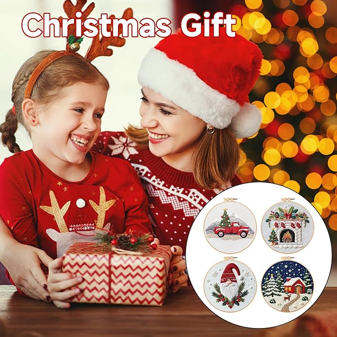 BBLYBD Christmas Embroidery Kit, 4 Set Embroidery DIY Starter Kit, Cross Stitch Kits with Pre-Printed Embroidery Fabric, Hoops, Step-by-Step Instructions, Color Threads & Needles (Christmas-4 Set)