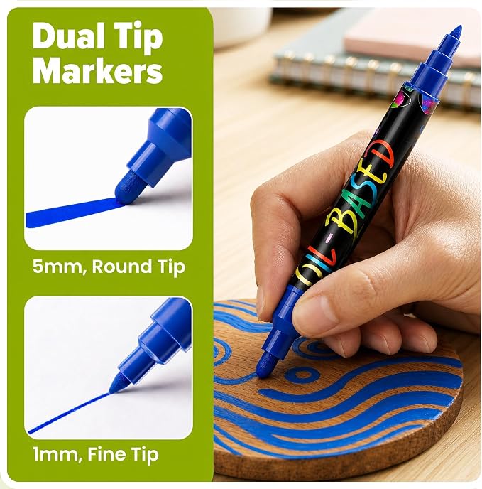 Chalkola 40 Oil Based Paint Markers - Dual Tip Oil Paint Pens for Metal | Oil Based Paint Pens for Ceramic, Glass, Rocks, Wood, Plastic Surfaces, Steel - Waterproof & Permanent, 1mm + 5mm Fine Tip