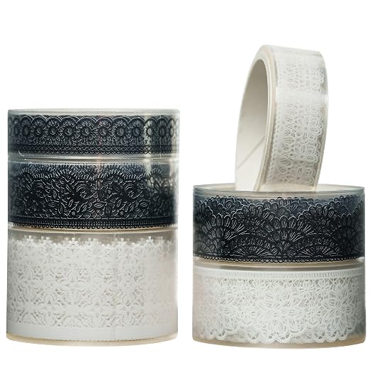 6 Rolls Lace Patterns PET Tapes Floral Arts Decorative Tape Set Adhesive Transparent Masking Tapes for DIY Craft, Kids, Scrapbook, DIY, Gift Wrapping, Journal (Black and White)