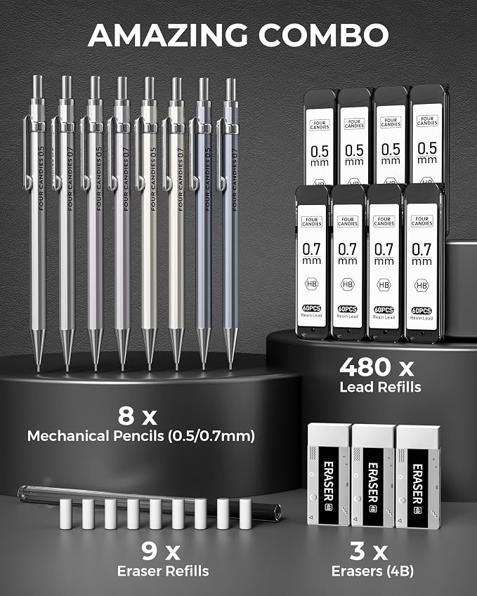 Metal Mechanical Pencil Set, 0.5/0.7mm, 8-Pack with Case, Two Sizes