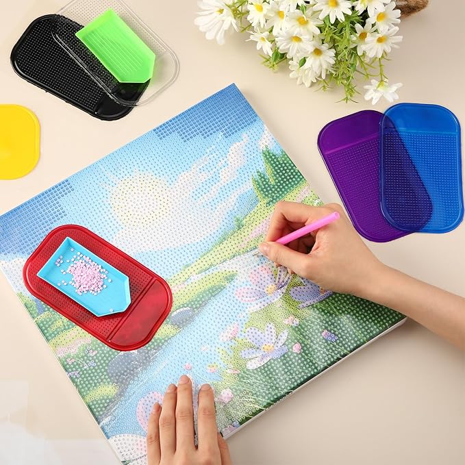 Blulu 6 Pcs Diamond Art Painting Accessories and Tool,Dark Color Style | Reusable Gel Holder for Art Supplies, Anti-slip Tools Keep Diamonds Secure, Sticky Mat Tray 5.6x3.3 in for Adults Crafts