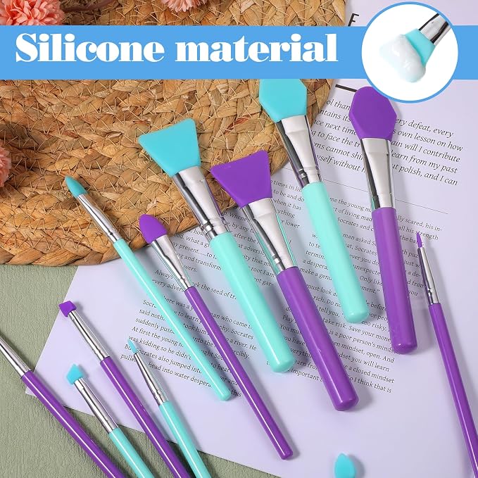 14PCS Silicone Brush Applicator Kit, Resin Brush Applicator UV Resin Brushes Applicators Jelly Brushes Applicators for Cream Makeup Products and Epoxy Art Crafting, Green/Purple