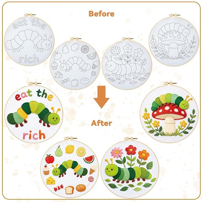 BEUNITONE 4 Set Embroidery Kits for Beginners with Easy Caterpillar Pattern, DIY Craft Kits Include Instructions and 2 Embroidery Hoops, Cross Stitch Needlepoint Kits for Craft Lover and Home Decor