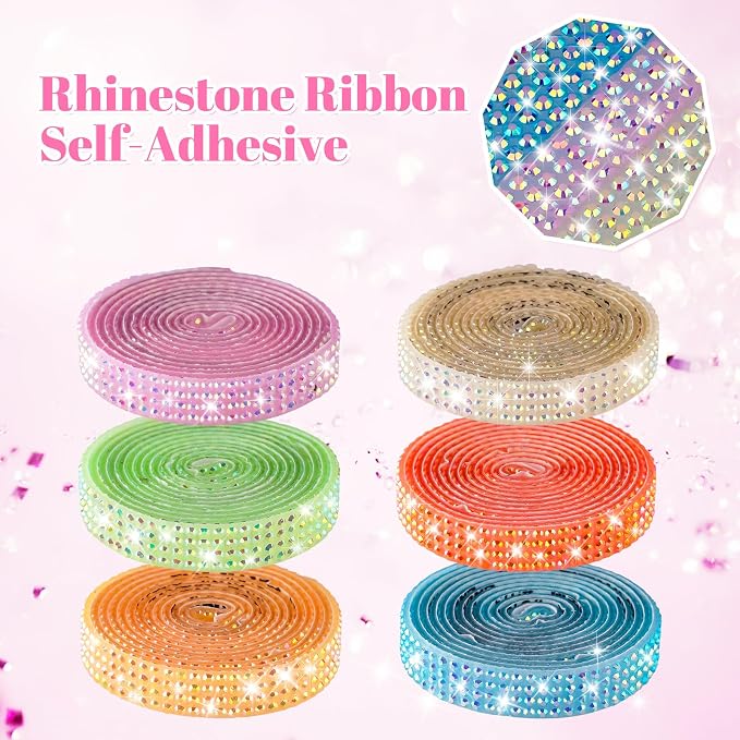NiArt 6 Rolls Self Adhesive Rhinestone Ribbon 6 Yards DIY Bright Colors
