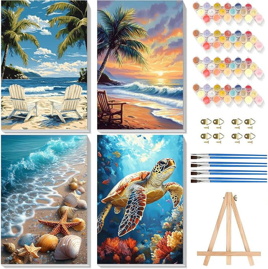 4 Pack Beach Paint by Numbers for Adults with Framed Canvas - Wooden Easel | Beach Paint by Number on Canvas, DIY Sea Turtle Acrylic Oil Painting Kits with Brushes for Home Wall Decor (8x12 inch)