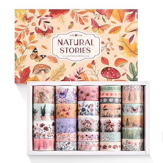 PAGEMORE 27 Rolls Vintage Washi Tape Set, Floral Butterfly Forest Mushroom Botanical Flower Writable Decorative Tapes for Scrapbooking, Junk Journal Supplies, Bullet Journaling 9.84ft Long/Roll