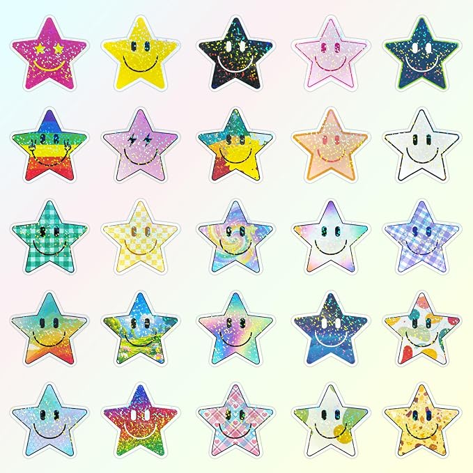 50PCS Smile Star Stickers, Glitter Stickers