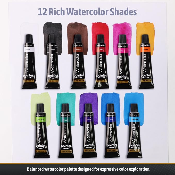 Pointer Premium Watercolor Palette Paint Set – Artist Quality, Ideal for Painting, Sketching, Coloring Craft Projects, School, and Everyday Creative Art Fun, 0.4 fl oz Tubes With 12 Vibrant Colors