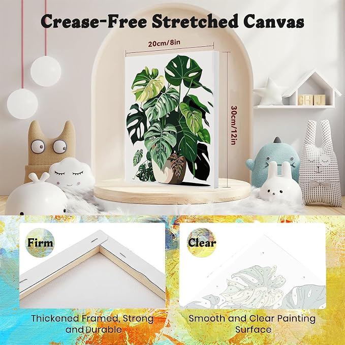 4 Pack Plant Paint by Numbers for Adults with Framed Canvas - Wooden Easel | Plant Paint by Number for Beginners, Easy Flowers Acrylic Oil Painting on Canvas with Brushes for Home Wall Decor (8x12 inch)