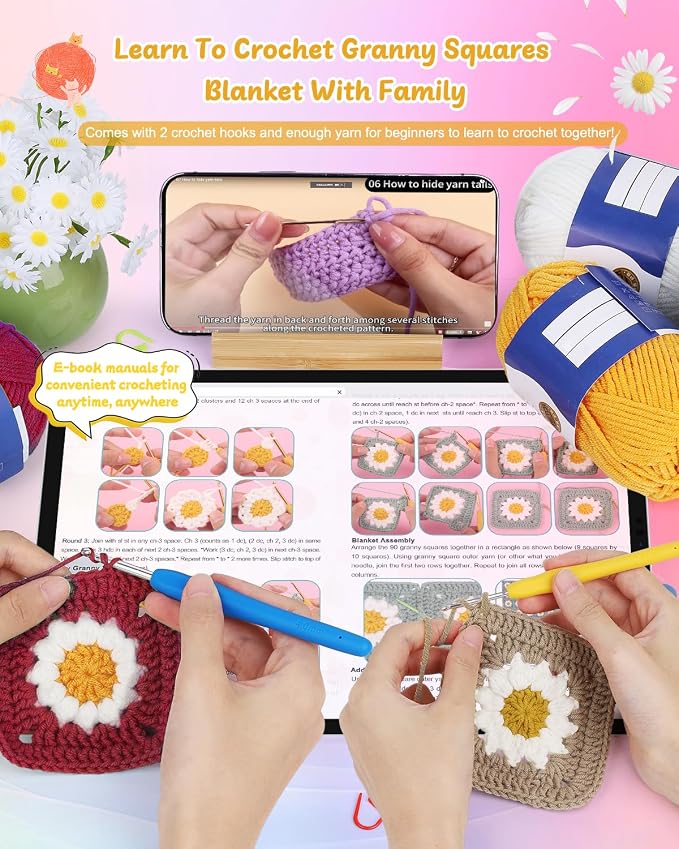 Coopay Crochet Kit for Beginners, Granny Square Crochet Blanket Kit, Red | Crochet Kit W/Video Tutorial & Digital Instructions, All Accessories Included, Easy Knitting to Create Granny Square Blanket