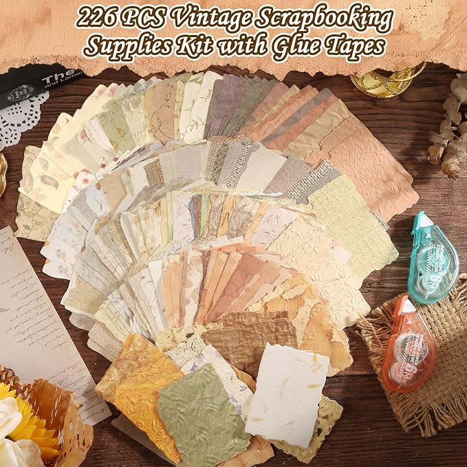 226 Sheets Vintage Scrapbook Paper Kit with Photo Tapes, Textured Scrapbooking Supplies Craft Paper for Junk Journal Supplies Planner Mixed Collage Materials Embellishments