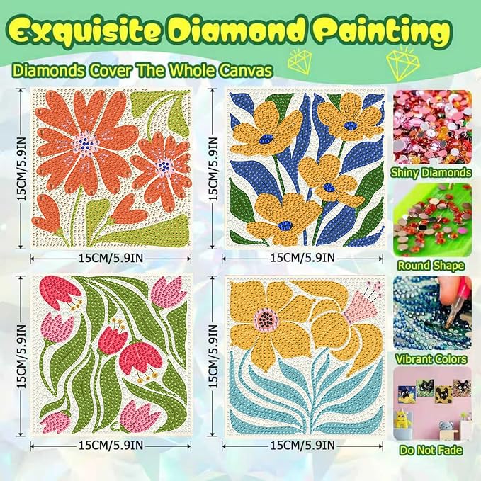 ICYANART 4 Pack Flowers Diamond Art Kits for Kids Age 6-12 6x6 Inch | Diamond Art Painting Kits for Kids Ages 6-8-12 , Small Diamond Art Kids, Simple Gem Painting for Kids Age 6-12 (no Frame)