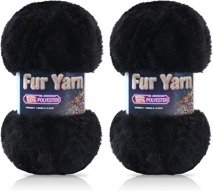 Faux Fur Yarn Soft Fluffy for Crocheting - 2 Skeins(Each 3.5oz/100g, 71yd/65m) - Chunky & Fluffy Yarn for Crochet Amigurumi, Blankets, Hand Knitting, Scarves &Crafts (2, Black)