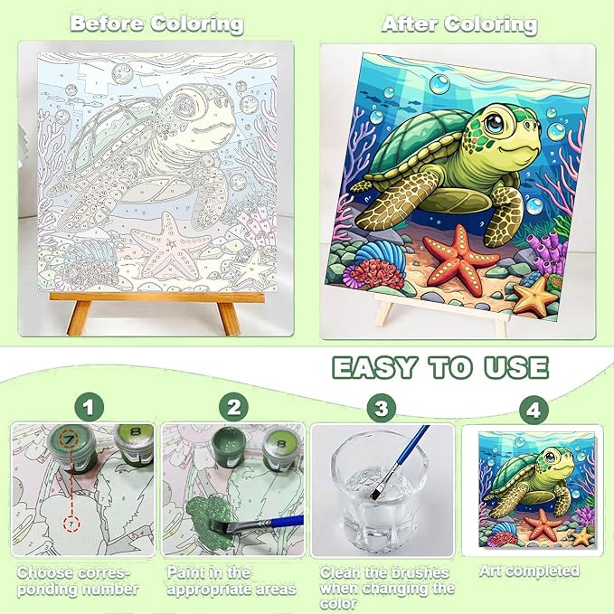 ajepon Sea Turtle Paint by Numbers Kit for Kids with Frame - Cute Tortoise Paint by Number for Kids, Kid Painting by Number Kits Age 8-12 for Home Wall Decor 8X8inch (with Wooden Easel)
