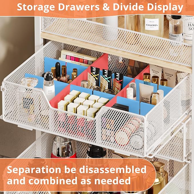 4-Tier Rolling Utility Cart with 3 Drawers-White Craft Organizers and Storage with DIY Dividers, Under Desk Cart with Lockable Wheels, Craft Cart Art Cart for Brushes Artifacts Patent Pending