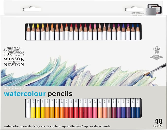 Winsor & Newton Studio Collection, Watercolour Pencil Tin, 48 piece | Highly pigmented, Wax-Based, Can be Used Wet/Dry, Add Water & Brush to Create Painterly Effects, Break-Resistant Points.
