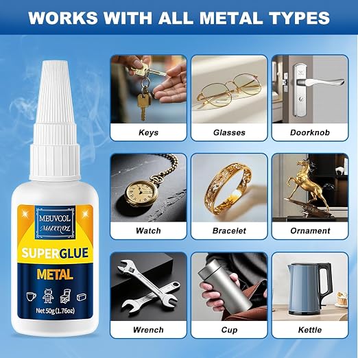 Meuvcol Super Glue for Metal 100g, Clear Instant Metal Glue for Aluminum and Stainless Steel, Fast-Drying Super Glue for DIY Crafts, Tools, Jewelry, Plastic, Wood and Rubber Repairs