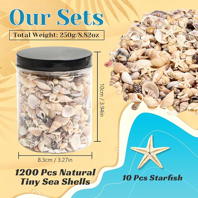 1200 Pieces Tiny Sea Shells Small Natural Starfish Mixed Ocean Beach Spiral Seashells for Home Decorations,Wedding Decor,Candle Making,Beach Theme Party,DIY Crafts and Vase Filler