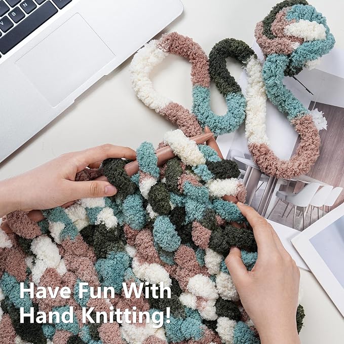Cozyful Chunky Yarn for Hand Knitting - #10 Chunky Chenille Blanket Yarn, Jumbo Big Thick Chunky Yarns for Crocheting, Tie Dye Bulky Knit Yarns, 8 Skein (20 yds 8 oz Each Skein), Forest&Teal&Coffee