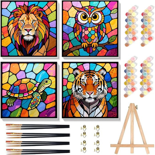 cviokrdu 4 Pack Paint by Numbers Kit for Kids with Frame - Wooden Easel, Animal Paint by Numbers for Kids Ages 4 8 12, Easy Animals Acrylic Oil Painting Kits for Home Wall Decoration 8x8 inch