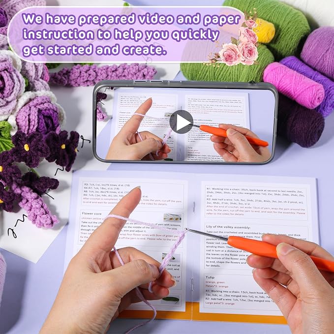Iuuidu Crochet Kit for Beginners, Flower Bouquet Crochet Kit Rose Purple