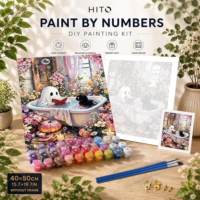 Halloween Paint by Numbers Kit for Adults Bathroom Ghost 16x20 In Frameless | Bathroom Ghost Paint by Numbers Kit for Adults Beginner, Halloween Paint by Numbers for Gift Home Wall Decor