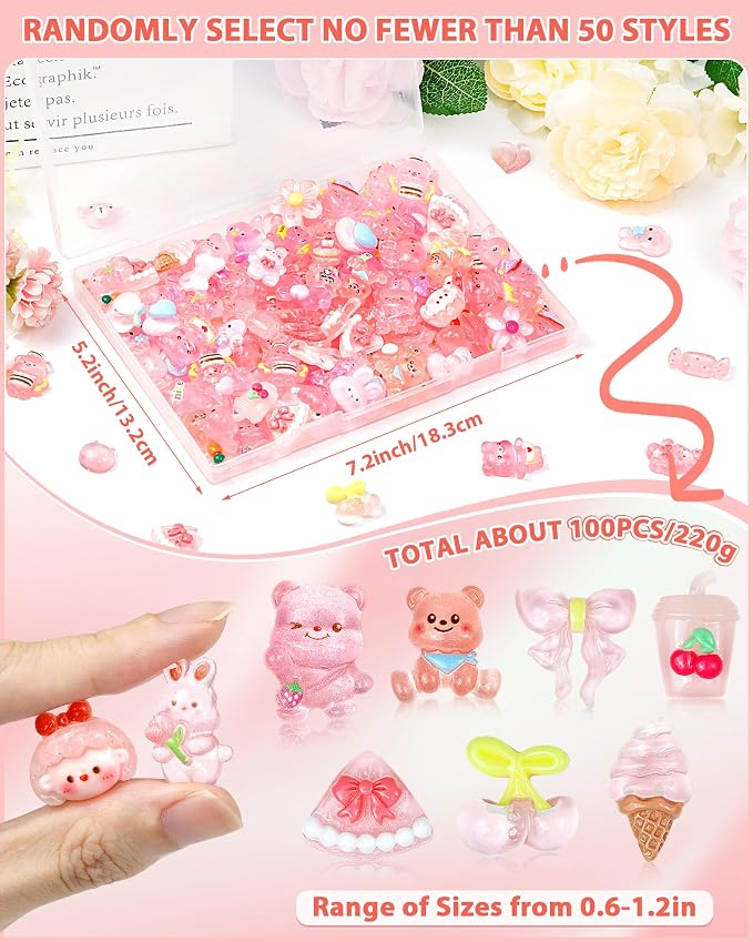 FIVEIZERO 100PCS Cute Slime Charms, Kawaii Flatback Resin Charms | 50+ Unique Designs, Glittery Finish, Easy to Glue, Lightweight and Durable, Perfect for DIY Decoration