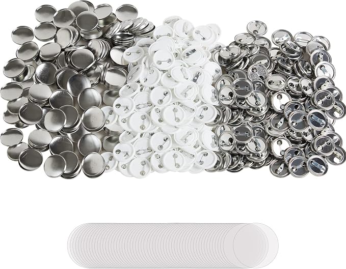 VEVOR 500 Sets 1 inch 25mm Pin Back Button Parts for Button Maker Machine, DIY Round Button Badge Parts, Set Includes Metal Top, Plastic/Metal Button, Clear Film, and Blank Paper for Gifts Presents