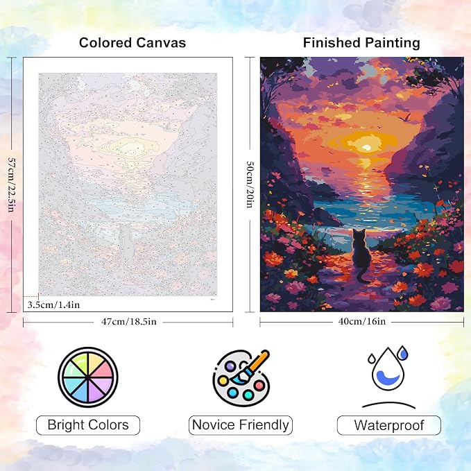 Sunset Paint by Numbers Kit for Adults Beginner Without Frame 16x20 IN | Mountain Lake Scenery Paint by Numbers for Adults, Cat DIY Acrylic Painting, Stress Relief Craft Kits, Home Wall Decor Gift