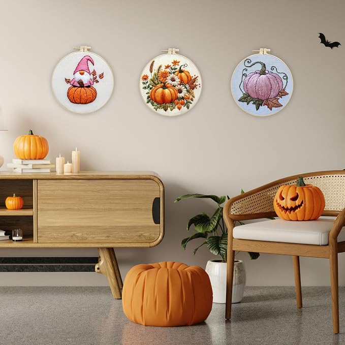 LB Pink Fall Embroidery Kit for Beginners Adults, 3 Sets Hand Embroidery Starter Kit with Gnome Pattern and Instructions Stamped Cross Stitch Kits Include Embroidery Hoop Needles Threads Scissors